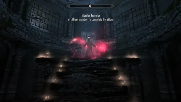 Mroczny rytuał w Skyrim. Postać otoczona czerwonymi aurami, wybór: zabić Erandura czy pozwolić mu dokończyć, to prawdziwy koszmar na jawie.