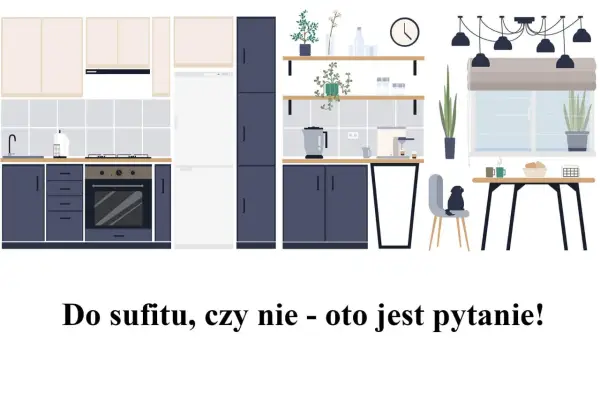 Nowoczesna kuchnia z ciemnogranatowymi i beżowymi szafkami. Zastanawiasz się nad wymiarami szafek kuchennych?