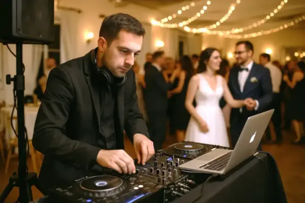 DJ na weselu tworzy atmosferę, podczas gdy para młoda tańczy. Zaiks wesele w pełni!