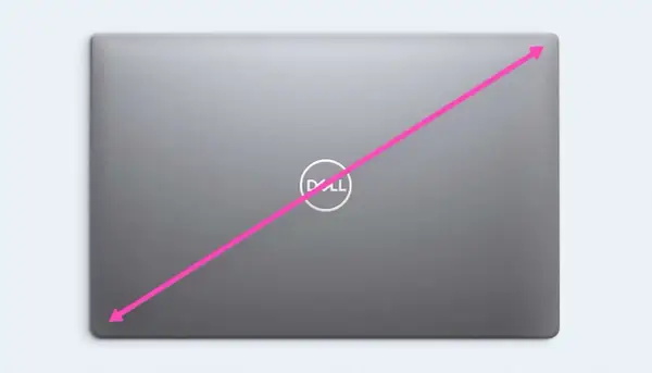 Flèche rose sur un ordinateur portable Dell, montrant la diagonale pour savoir comment connaitre la taille de son écran pc.