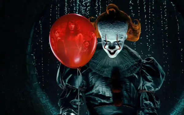 Przerażający klaun Pennywise trzyma czerwony balon, w którym widać grupę dzieci. To jeden z najlepiej ocenianych horrorów.