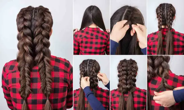 Tutorial paso a paso para hacer trenzas boxeadora. Cabello castaño dividido en dos secciones y trenzado.