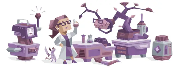 INTP w laboratorium tworzy dziwne mikstury. Obok niej robot i mały smok.