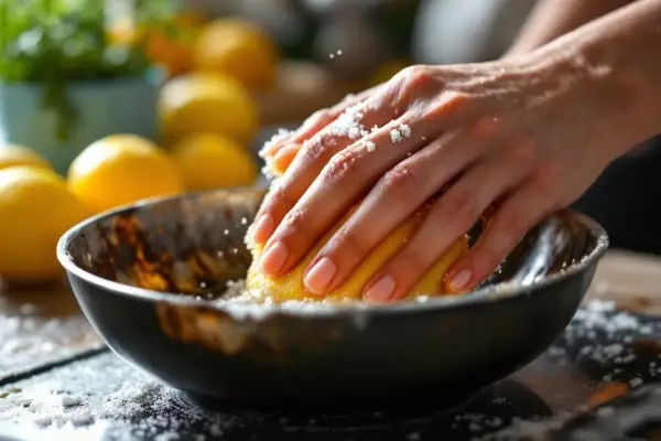 Mains frottant un citron sur un bol en cuivre pour désoxyder le cuivre. Des grains blancs tombent.