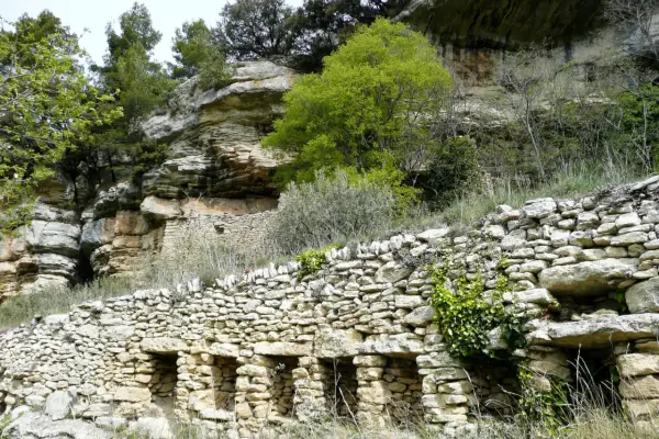 Vestiges d'une ancienne ville de murs en pierre, intégrée à une falaise rocheuse, avec végétation luxuriante.