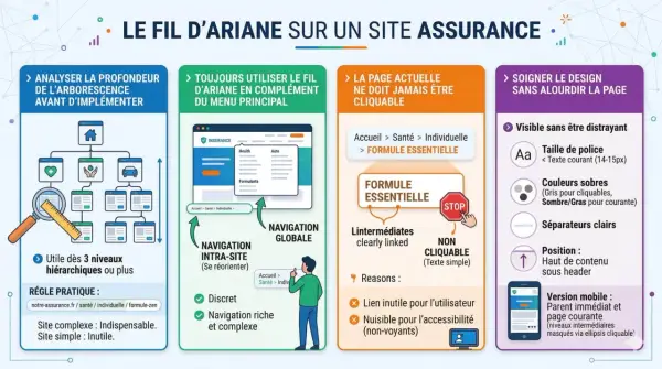 Infographie expliquant le fil d'Ariane sur un site d'assurance : analyse, utilisation, design et règles pratiques.