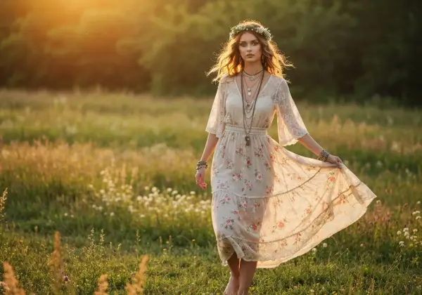 Kobieta w kwiecistej sukience i wianku na głowie, idealna inspiracja, jak się ubrać na wesele w stylu boho.