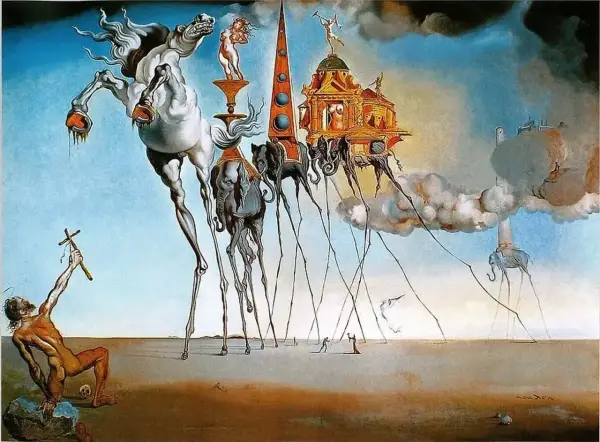 Surrealizm co to? Długonogie słonie i koń unoszą się nad pustynią, a postać z krzyżem wznosi ręce.