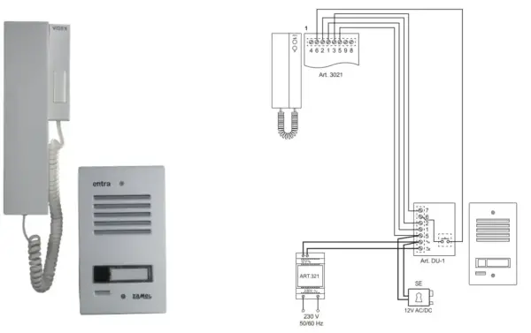 Schemat instalacji domofonowej z unifonem i panelem zewnętrznym. Podpowiada, jaki kabel do domofonu wybrać, pokazując połączenia z zasilaczem.