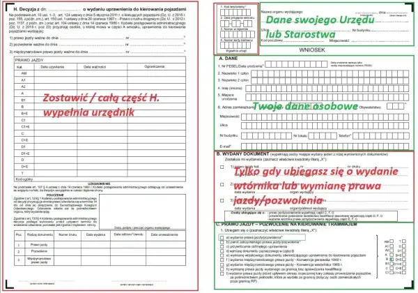 Wniosek o wydanie prawa jazdy, wtórnika lub wymianę dokumentu. Wypełnij dane osobowe i zaznacz właściwe kwadraty.