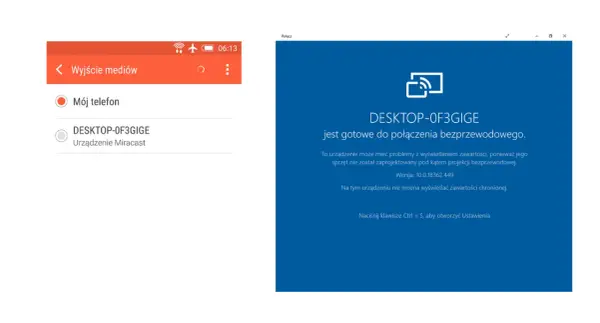 Udostępnianie ekranu: Dostępne urządzenie "DESKTOP-0F3GIGE" gotowe do połączenia bezprzewodowego.