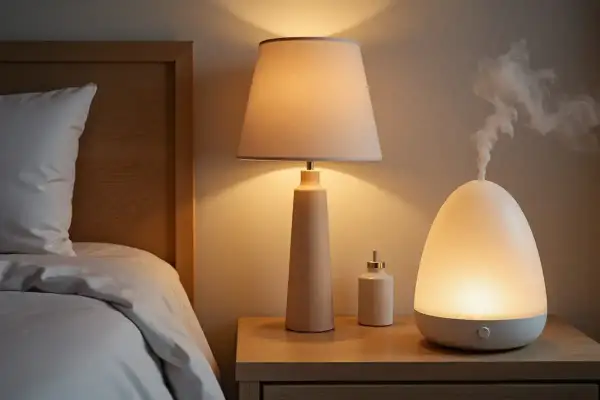 Un difusor emite vapor, ayudando a como deshumidificar una habitación. Junto a una lámpara y un frasco en una mesita de noche.