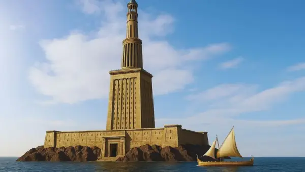 El majestuoso faro de Alejandría se alza sobre rocas, guiando a un antiguo barco de vela en el mar azul bajo un cielo nublado.