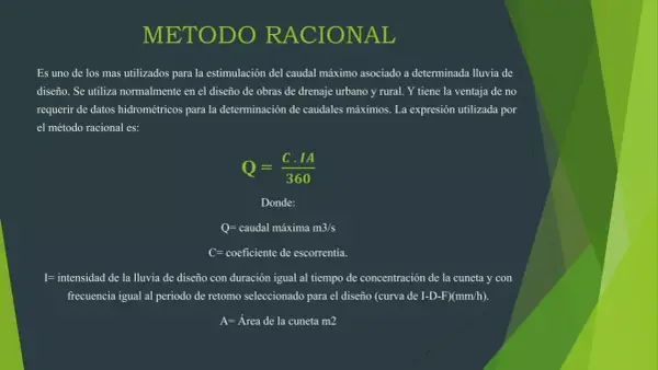 Fórmula del método racional para calcular el caudal máximo en sistemas de drenaje.