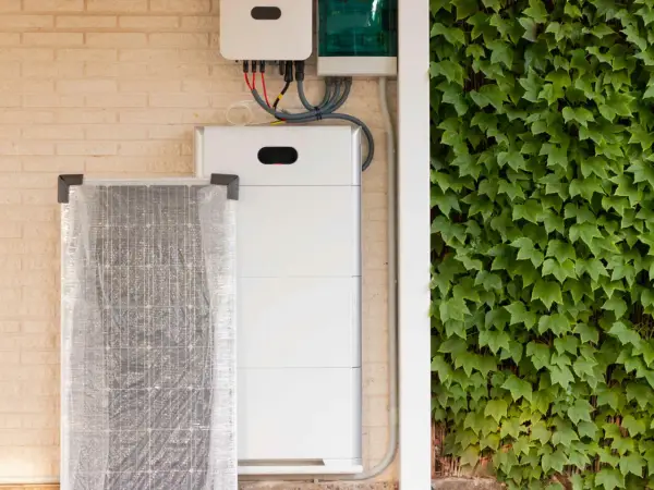 Ein weißer Redox-Flow-Heimspeicher steht neben einer verpackten Solaranlage an einer Ziegelwand, bedeckt mit Efeu.