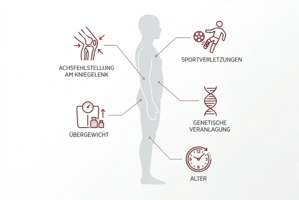 Grafik zeigt Faktoren wie Achsfehlstellung, Übergewicht, Sportverletzungen, genetische Veranlagung und Alter, die die Lebenserwartung bei Arthrose beeinflussen.