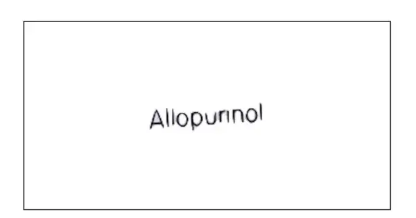 Napis "Allopurinol" na białym tle. Lek Milurit 300 pomaga w leczeniu dny moczanowej.