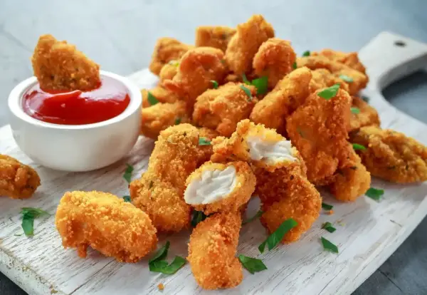 Chrupiące kawałki filet z kurczaka panierowany, jeden zanurzony w keczupie, na desce z ziołami.