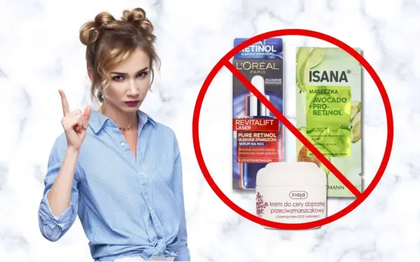 Kobieta z zakazem na kosmetyki z retinolem. L'Oréal i Isana z pro-retinolem, Ziaja z retinolem.