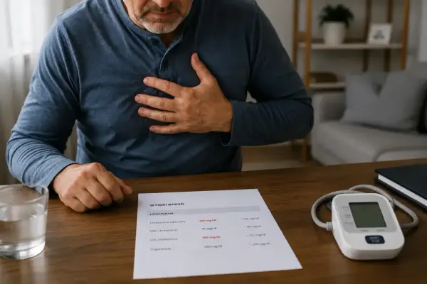 Mężczyzna z ręką na klatce piersiowej patrzy na wyniki lipidogramu, gdzie widać podwyższony cholesterol. Może to być sygnał do rozważenia suplementu Suvardio Plus.