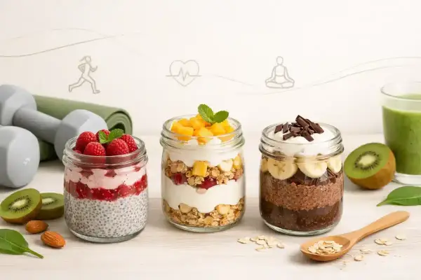Trzy pyszne fit desery w słoiczkach: z malinami, mango i czekoladą. Idealne na zdrowy początek dnia lub po treningu.