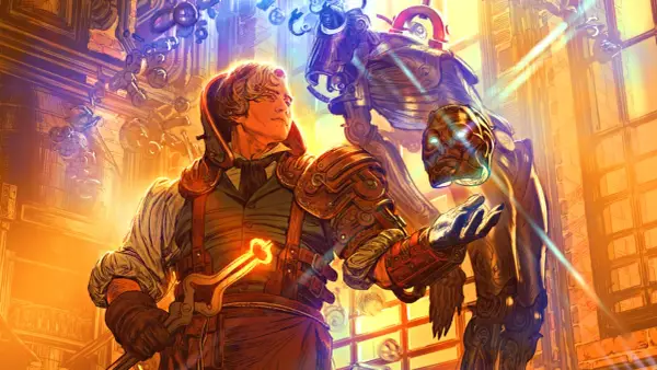 Młody artificer w steampunkowym stroju, z płonącym mieczem, tworzy mechanicznego pomocnika. W tle unoszą się trybiki i maszyny.