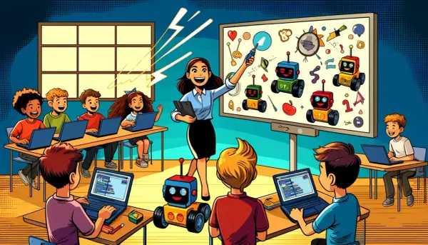 Maestra entusiasta lidera clase de robótica, fomentando la **innovación en el aula** con niños programando laptops y robots coloridos.