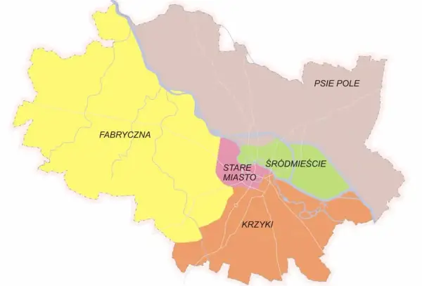 Mapa przedstawiająca dzielnice Łodzi: Fabryczna, Stare Miasto, Śródmieście, Krzyki i Psie Pole.