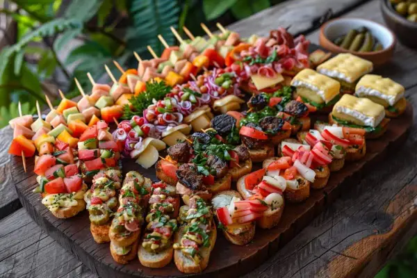 Plateau d'amuse-bouches variés : brochettes de fruits et légumes, toasts garnies de viandes, fromages et crudités. Parfait pour une recette apéro rapide et conviviale.