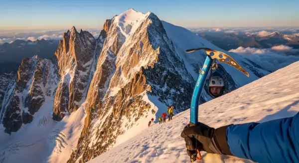 Wspinaczka na korona europy szczyty. Grupa alpinistów na ośnieżonym stoku, w tle majestatyczne góry.