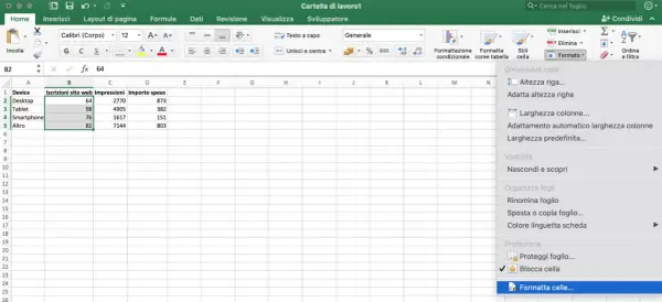 Menu di Excel mostra opzioni per bloccare celle, formattare e proteggere fogli di lavoro.