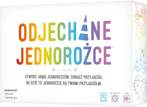 Odjechane jednorożce instrukcja gry. Kolorowe pudełko z napisem "Odjechane Jednorożce 2. edycja", informacją o zawartości i zasadach gry.