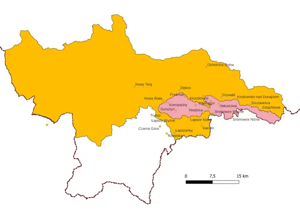 Mapa Pienin, pokazująca granice województwa i miejscowości takie jak Nowy Targ, Krościenko nad Dunajcem, Sromowce Niżne.