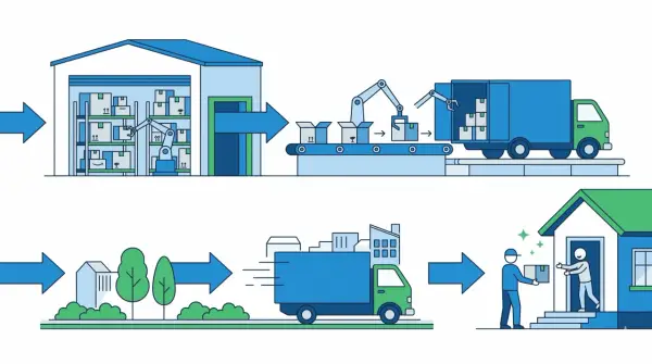 Automatisierte e-commerce Logistik: Roboter im Lager, Pakete auf dem Förderband, LKW-Beladung und Zustellung an die Haustür.