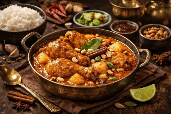 En skål med kyckling i en rik massaman curry, toppad med jordnötter och kanel. Serveras med ris och lime.