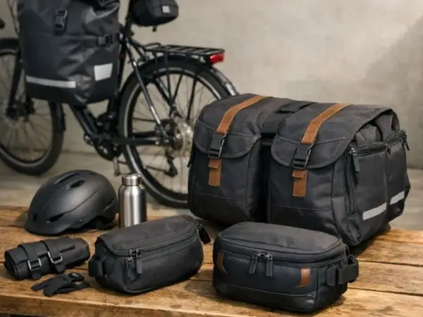 Rowerzysta przygotowuje się do wyprawy, wybierając jakie sakwy rowerowe zabrać. Na stole leżą czarne torby, kask i bidon.