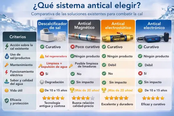 Comparativa de tipos de descalcificadores: sal, magnético, electrostático y electrónico. Evalúa eficacia, uso de sal, mantenimiento y vida útil.