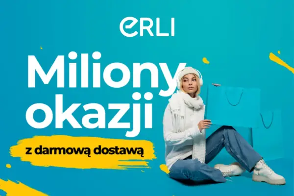 Erli co to? Miliony okazji z darmową dostawą. Młoda kobieta w zimowym stroju siedzi z torbami na zakupy.