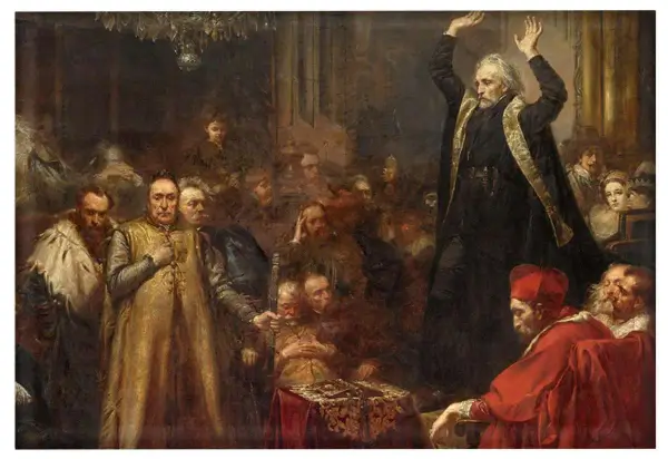 Piotr Skarga wygłasza płomienną mowę do zgromadzonych dostojników.