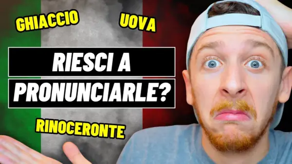 Uomo con espressione confusa davanti alla bandiera italiana, con scritte che sfidano a pronunciare parole lunghe e difficili come "Rinoceronte".