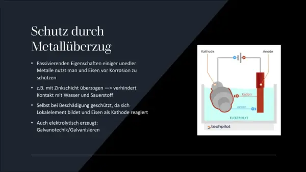 Schutz vor chemischer Korrosion durch Metallüberzug, z.B. Verzinkung. Galvanotechnik schützt Metalle.