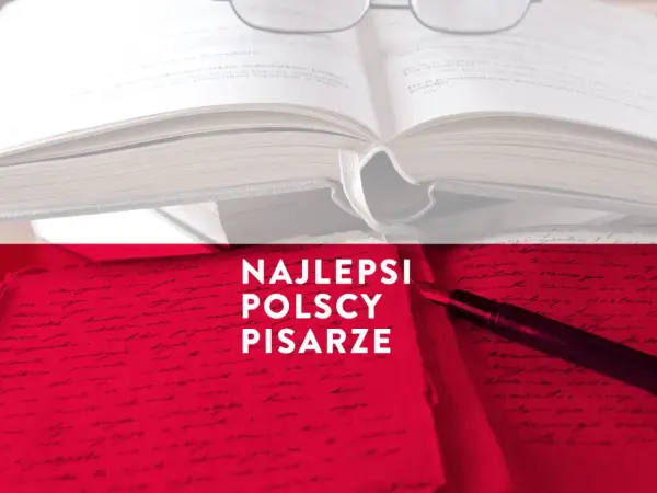 Otwarta księga i pióro na tle rękopisu. Tytuł: Najlepsi polscy pisarze.