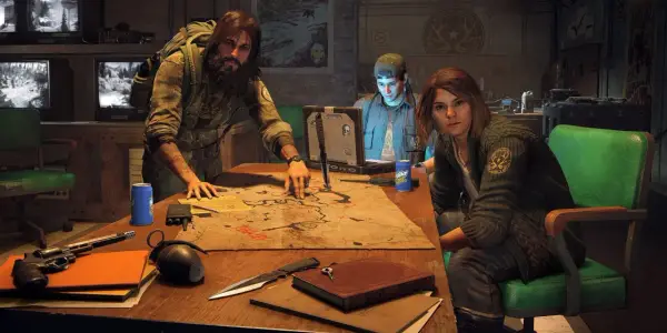 Trzy osoby planują misję na mapie, obok leży pistolet i granat. Sprawdzają, czy ich sprzęt spełnia far cry 5 wymagania.