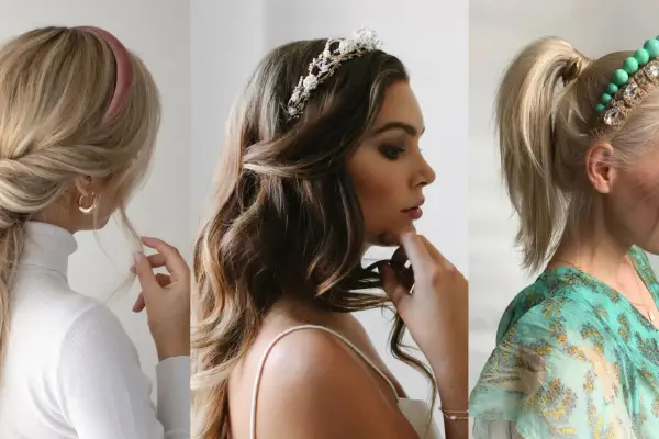 Tres estilos de peinados con diadema: trenza lateral, ondas sueltas con tiara y coleta alta con accesorio.