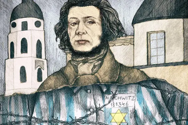 Wajdelota w pasiastej koszuli z numerem obozu Auschwitz i gwiazdą Dawida, na tle budynków przypominających kościoły.
