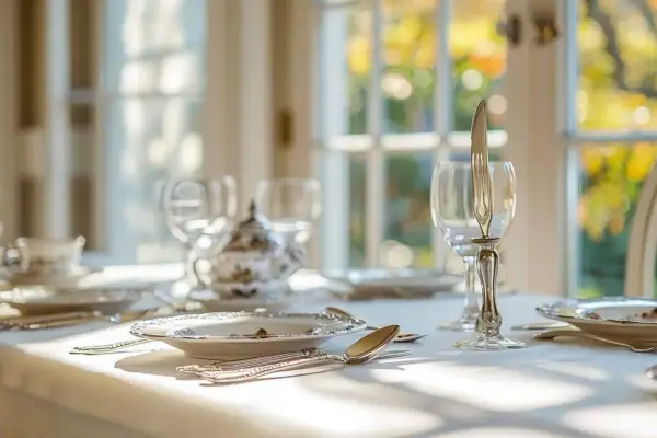 Une table dressée avec élégance, des verres et une théière en porcelaine. Le couteau est posé sur le verre, une astuce pour savoir comment poser les couverts après le repas.