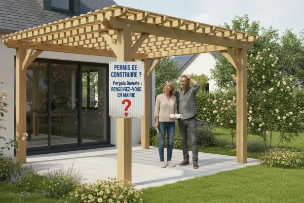 Un couple perplexe devant un panneau "Permis de construire ? Pergola Ouverte : Renseignez-vous en mairie". Le plan de masse de la pergola est visible.