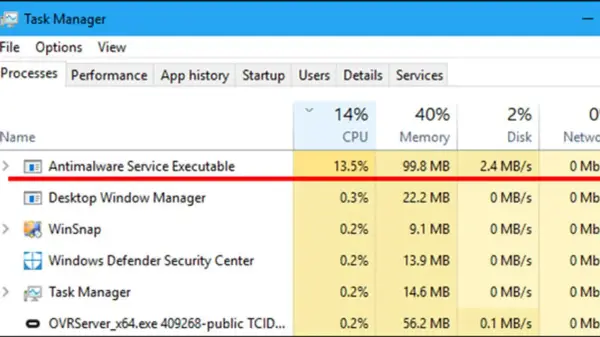 Task Manager zeigt "Antimalware Service Executable" mit hoher CPU-Auslastung. Möglicherweise muss dieser Prozess deaktiviert werden.