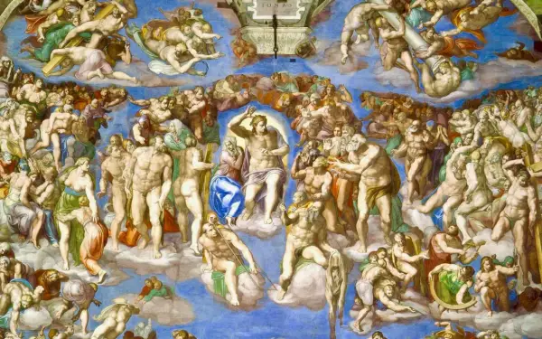 Michelangelo's Last Judgment fresco: Christ presides over the resurrected souls ascending to heaven and descending to hell.