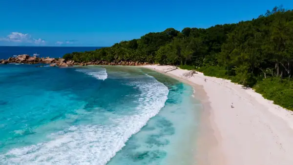 Rajska plaża na Oceanie Indyjskim. Turkusowa woda, biały piasek i bujna zieleń tworzą idealne państwo na wakacje.